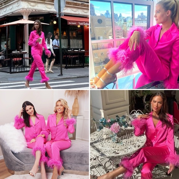 NADINE MERABI Darcie Hot Pink Feather Pajama Set *Blogger Favorite* - Picture 4 of 15
